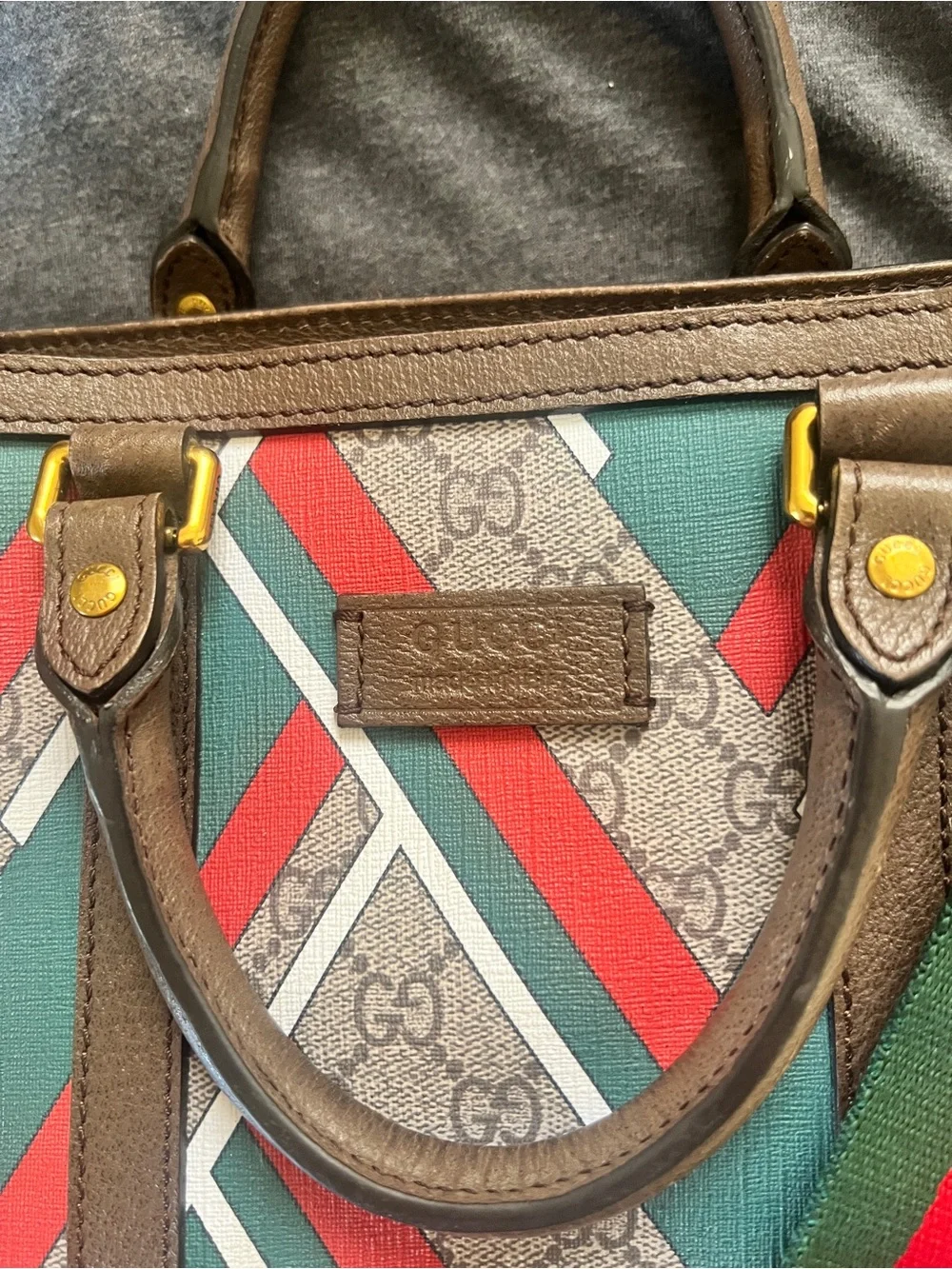 Gucci Brown GG Canvas Laptop Bag with Red and Green Striped Strap